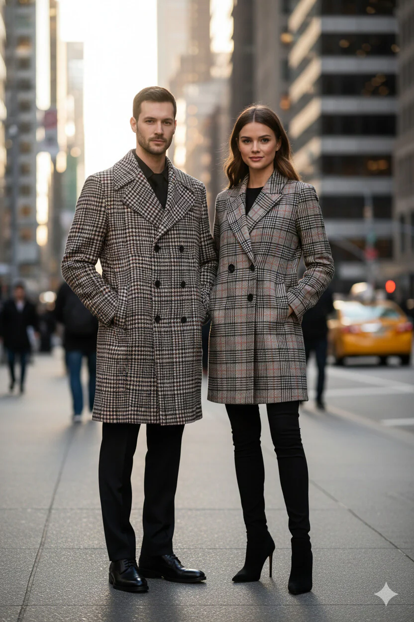 Men's Houndstooth Six Button Front Double Breasted Wool Overcoat - Image 5
