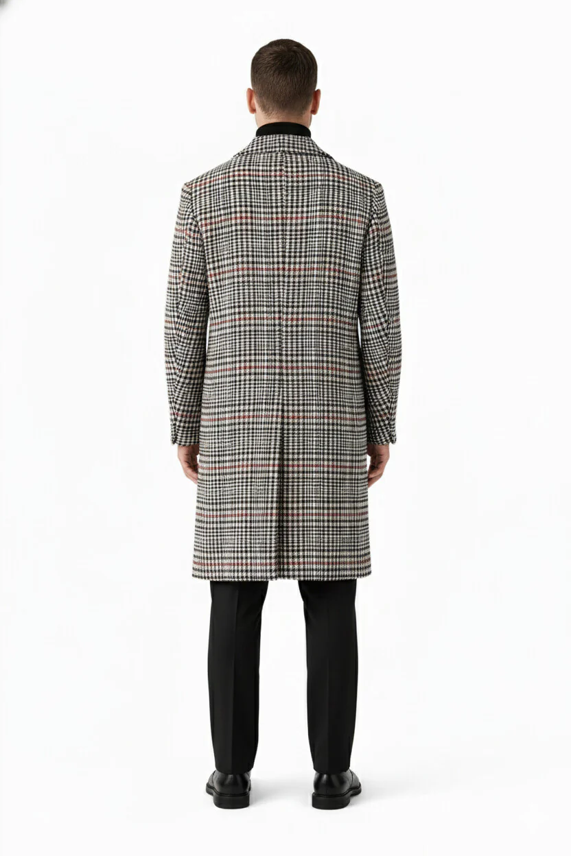 Men's Houndstooth Six Button Front Double Breasted Wool Overcoat - Image 7