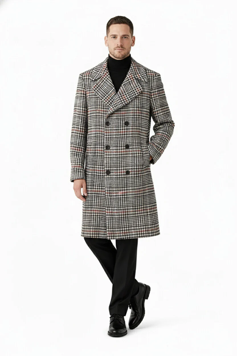 Men's Houndstooth Six Button Front Double Breasted Wool Overcoat - Image 8