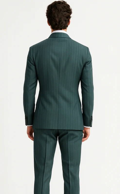 Mens "Hunter Green - Olive Green" Double Breasted Pinstripe Suit - Flat Front Pant - Image 2