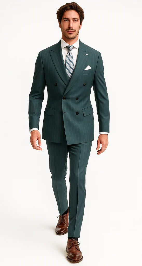 Mens "Hunter Green - Olive Green" Double Breasted Pinstripe Suit - Flat Front Pant - Image 3