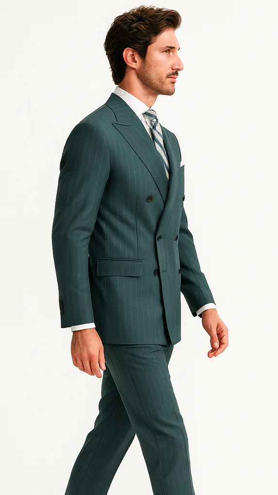 Mens "Hunter Green - Olive Green" Double Breasted Pinstripe Suit - Flat Front Pant - Image 7