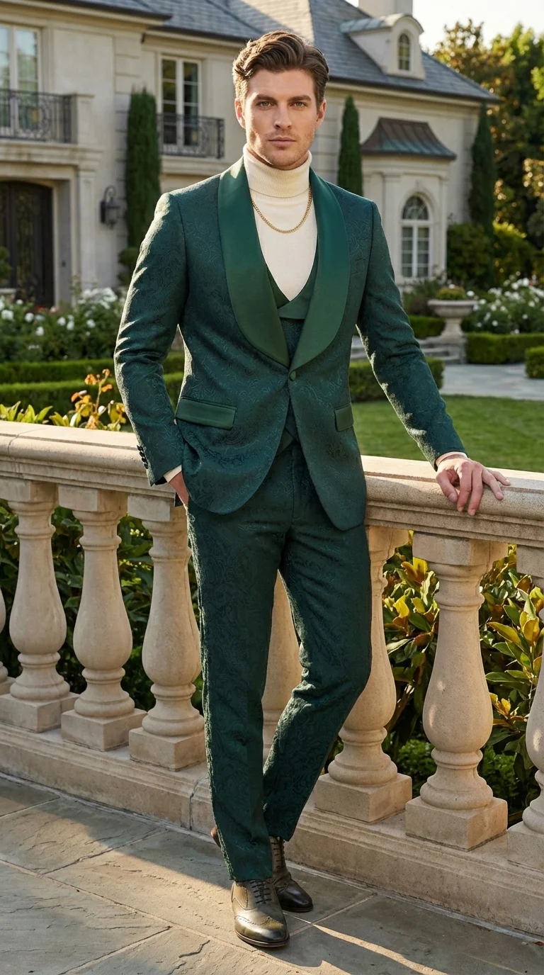 Mens Hunter Green Wedding Tuxedo Suit – Paisley Pattern Three Piece Formal Suit Set with Shawl Lapel for Groom, Prom in Emerald green - Image 10