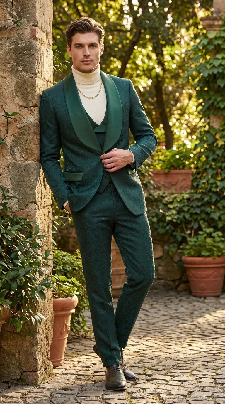 Mens Hunter Green Wedding Tuxedo Suit – Paisley Pattern Three Piece Formal Suit Set with Shawl Lapel for Groom, Prom in Emerald green - Image 11