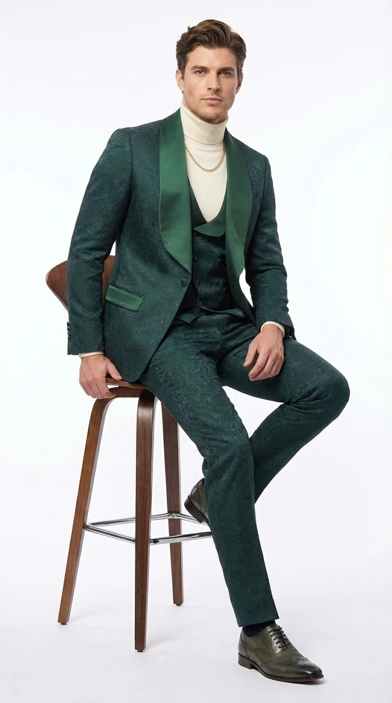 Mens Hunter Green Wedding Tuxedo Suit – Paisley Pattern Three Piece Formal Suit Set with Shawl Lapel for Groom, Prom in Emerald green - Image 12