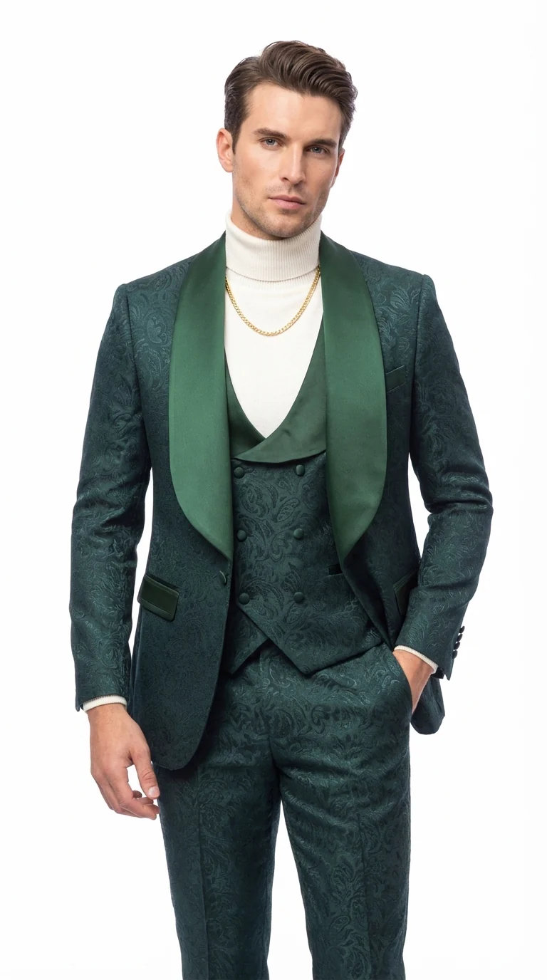 Mens Hunter Green Wedding Tuxedo Suit – Paisley Pattern Three Piece Formal Suit Set with Shawl Lapel for Groom, Prom in Emerald green - Image 3
