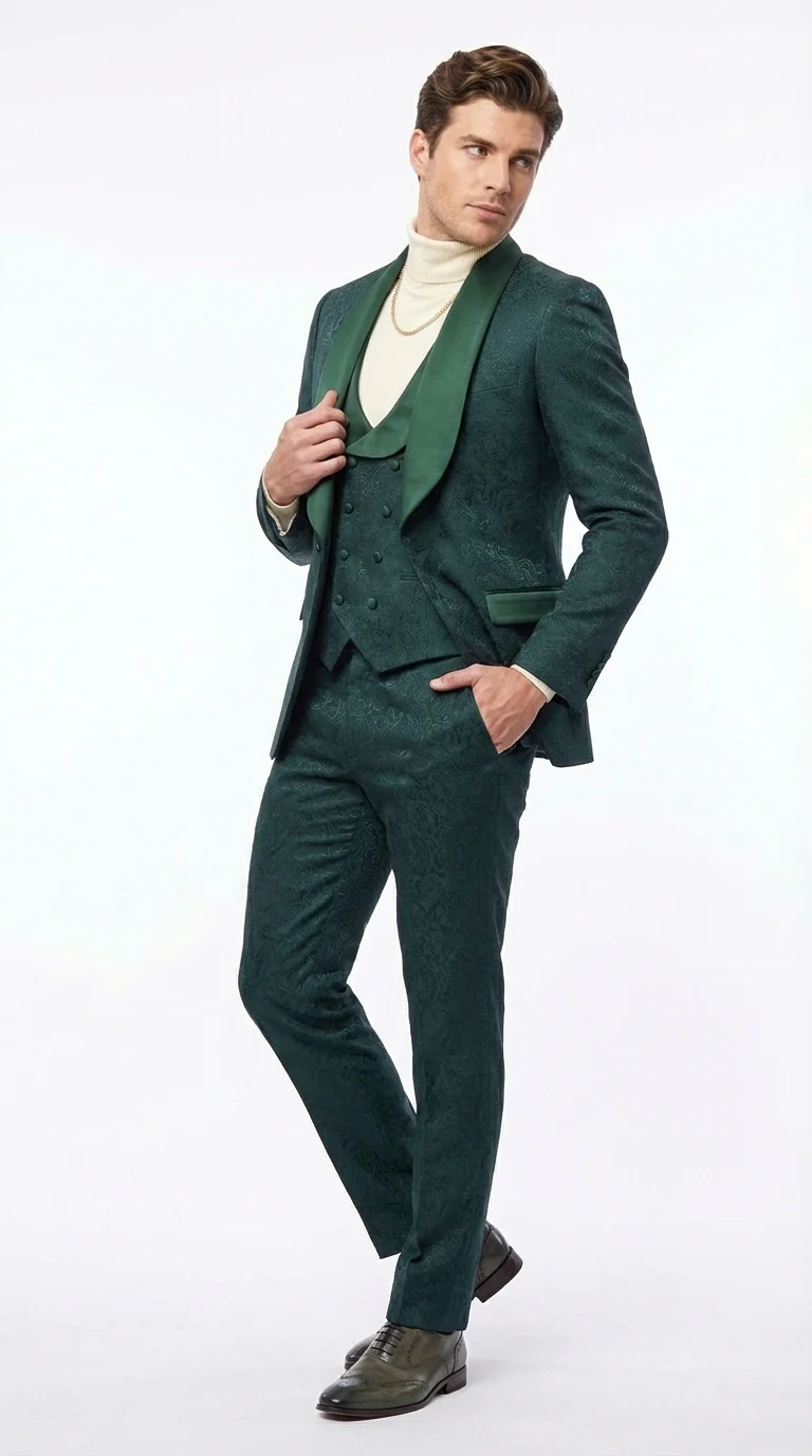 Mens Hunter Green Wedding Tuxedo Suit – Paisley Pattern Three Piece Formal Suit Set with Shawl Lapel for Groom, Prom in Emerald green - Image 4