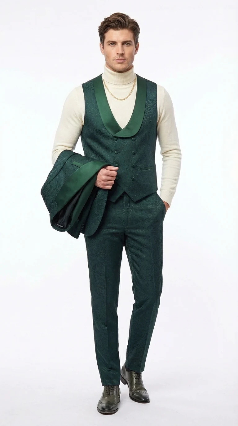 Mens Hunter Green Wedding Tuxedo Suit – Paisley Pattern Three Piece Formal Suit Set with Shawl Lapel for Groom, Prom in Emerald green - Image 5