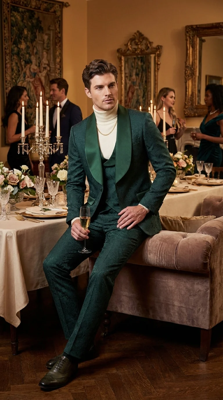 Mens Hunter Green Wedding Tuxedo Suit – Paisley Pattern Three Piece Formal Suit Set with Shawl Lapel for Groom, Prom in Emerald green - Image 8