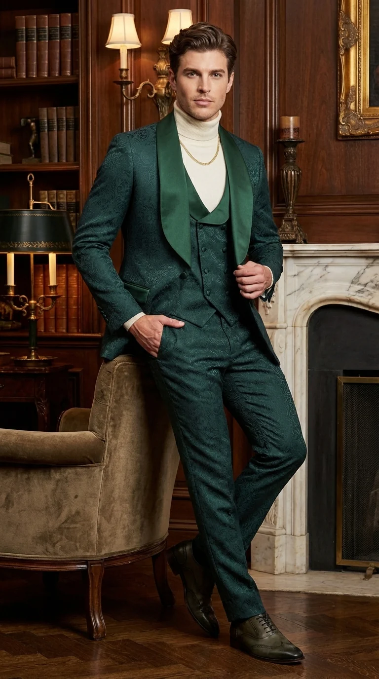 Mens Hunter Green Wedding Tuxedo Suit – Paisley Pattern Three Piece Formal Suit Set with Shawl Lapel for Groom, Prom in Emerald green - Image 9