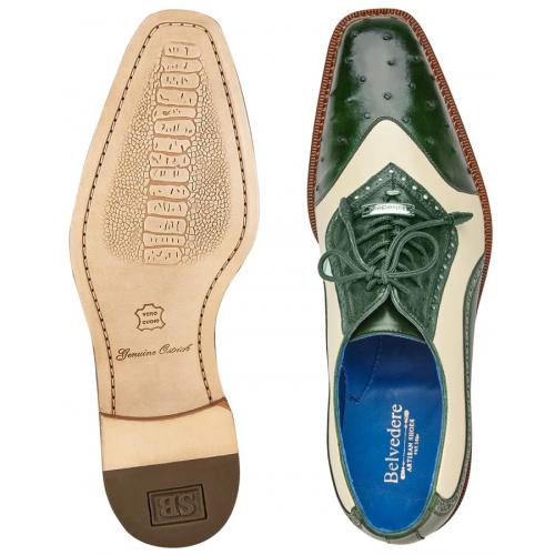 Belvedere Sesto Men's Wingtip Ostrich Shoes – Forest Green & Cream - Image 5