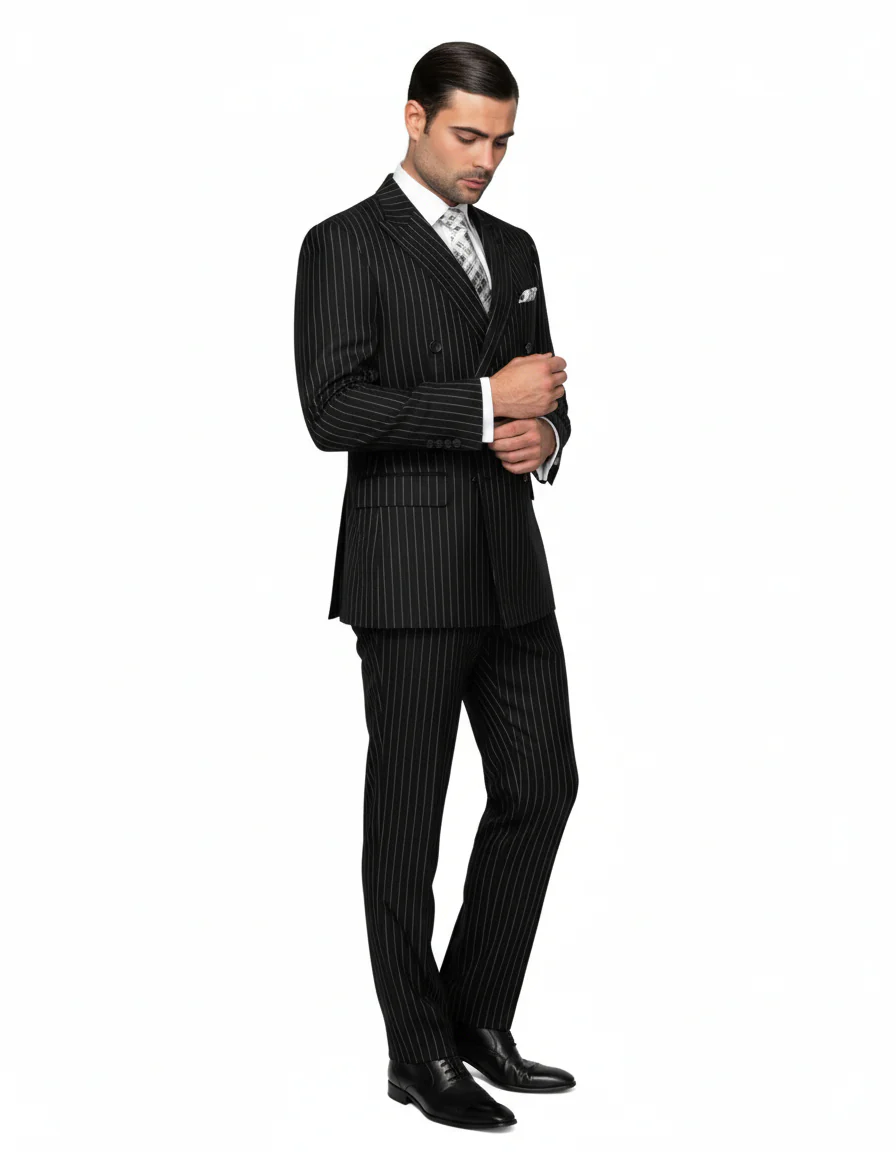 Mens Italian Wool Suit Color Black - Men's Designer Double Breasted Wool Bold Black Gangster Pinstripe Suit - Image 4