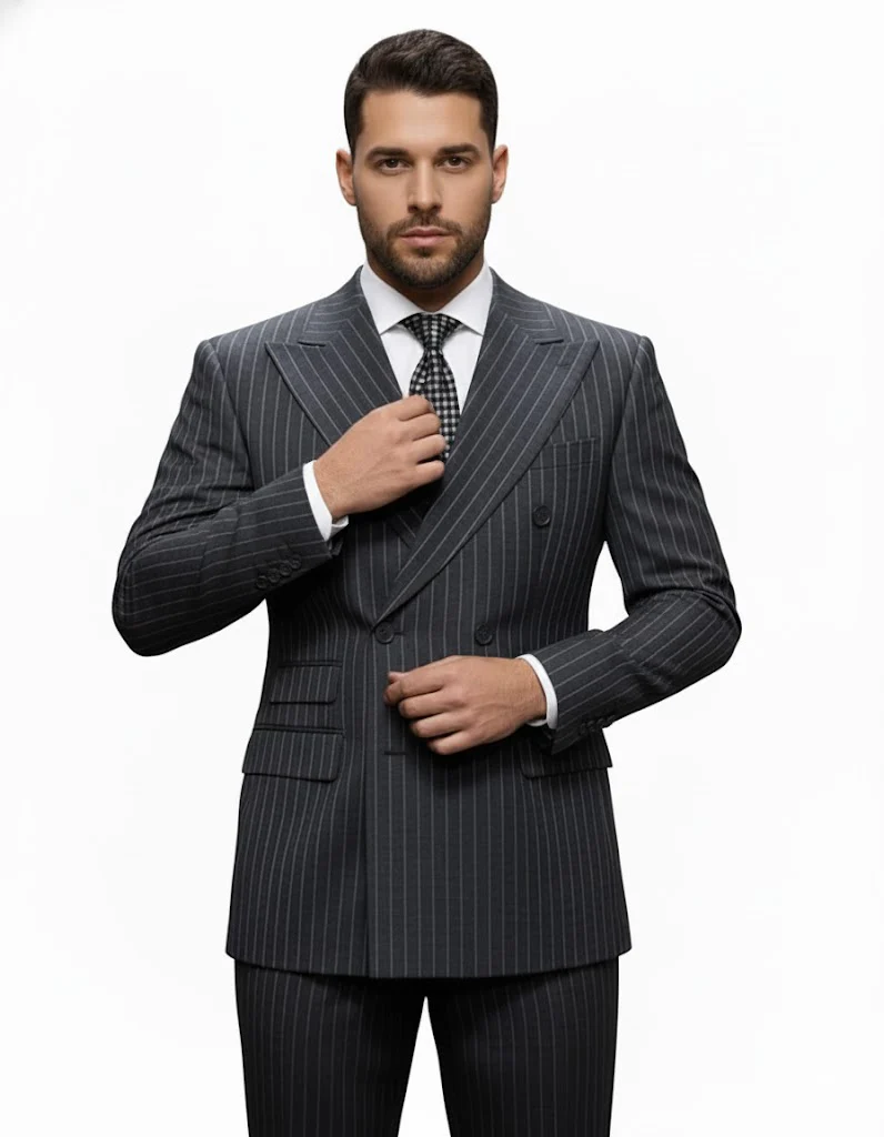 Mens Italian Wool Suit Color Charcoal Grey - Men's Designer Classic Fit Double Breasted Wool Pinstripe Charcoal Grey Suit - Image 5