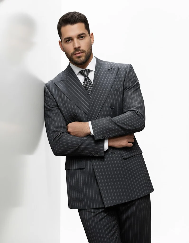 Mens Italian Wool Suit Color Charcoal Grey - Men's Designer Classic Fit Double Breasted Wool Pinstripe Charcoal Grey Suit - Image 6