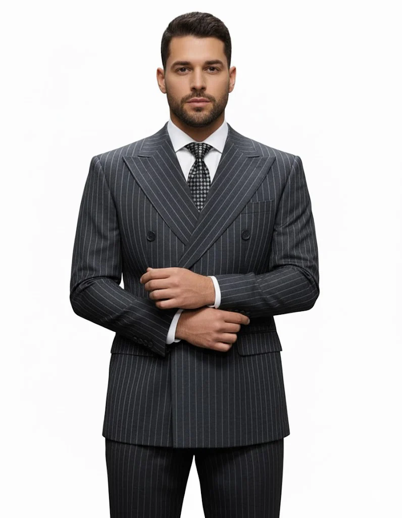 Mens Italian Wool Suit Color Charcoal Grey - Men's Designer Classic Fit Double Breasted Wool Pinstripe Charcoal Grey Suit - Image 8