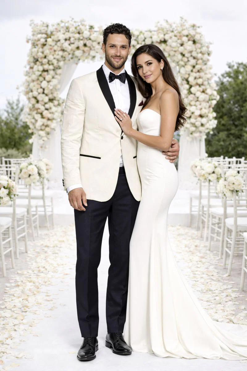 Men's Ivory and Black Satin Lapels Dress The Groom Holds The Wedding Suit (Jacket + Pants) - Image 6