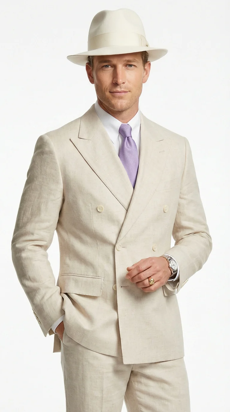 Mens Ivory Off White Double Breasted AI Capone Suit – Classic 1920s Vintage Gangster Style Formal Suit - Image 7