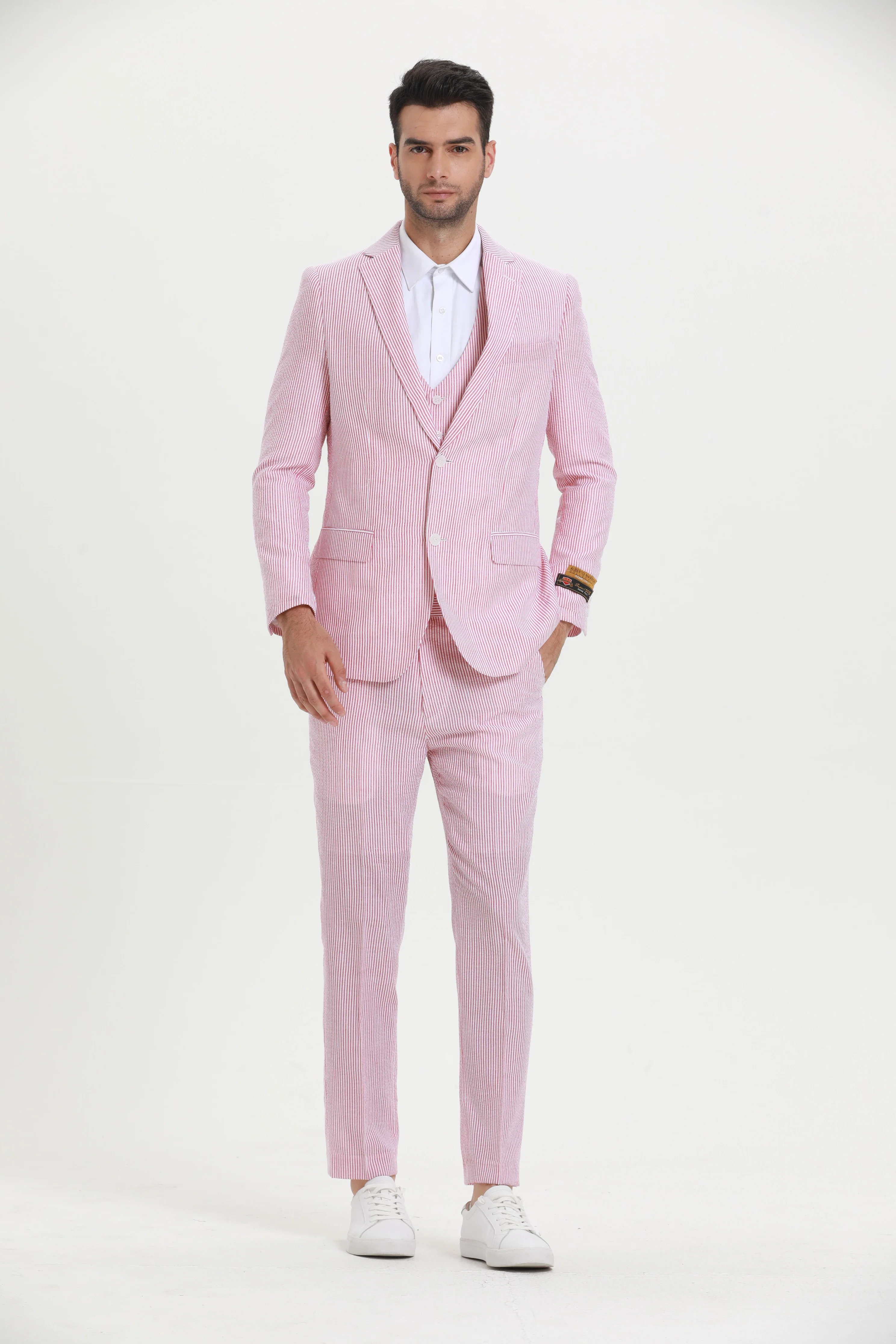 Men's Red Pinstripe Seersucker Jacket and Pants Suit by Alberto Nardoni - Image 7