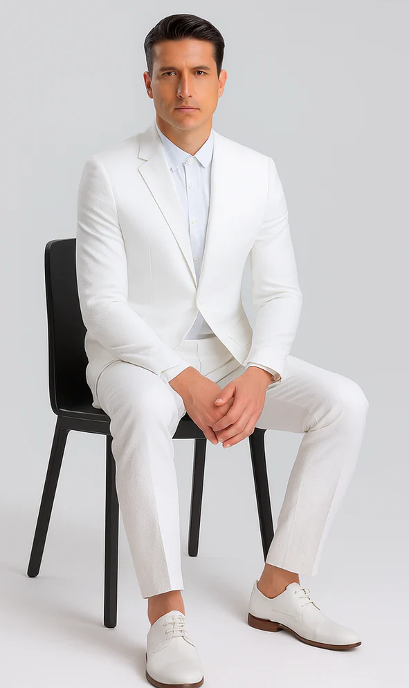 Mens Jacket + Pants Summer Seersucker Suit in White Pinstripe - Image 3