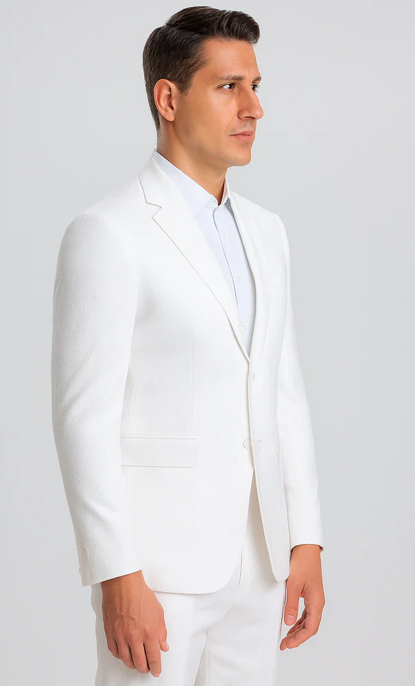 Mens Jacket + Pants Summer Seersucker Suit in White Pinstripe - Image 5
