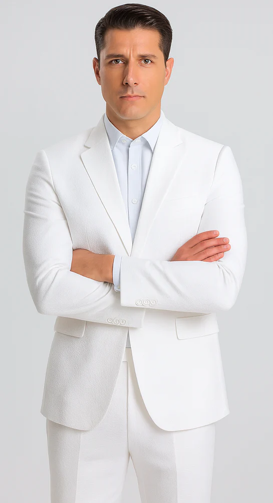 Mens Jacket + Pants Summer Seersucker Suit in White Pinstripe - Image 6