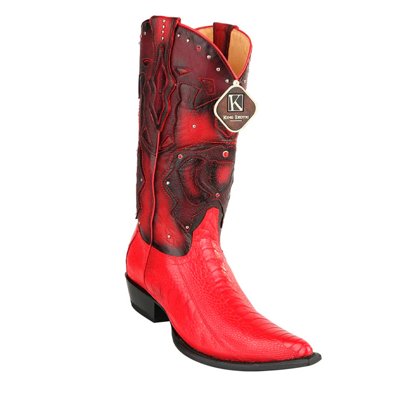 Men's King Exotic Ostrich Leg 3x Toe Handcrafted Boots in Red