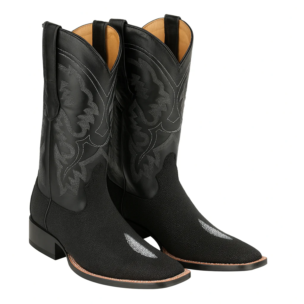 Mens King Exotic Boots Square Toe Stingray Single Stone Black