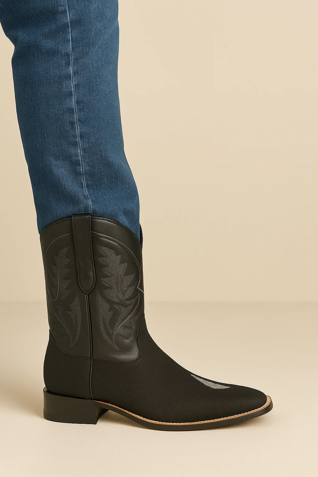 Mens King Exotic Boots Square Toe Stingray Single Stone Black - Image 2