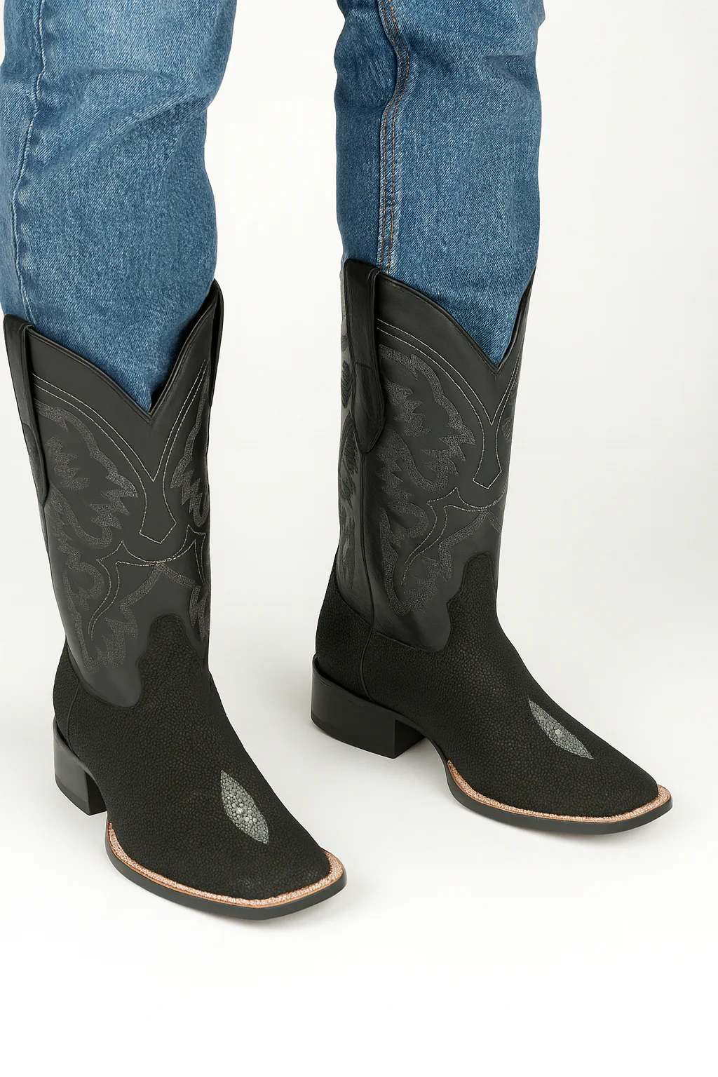 Mens King Exotic Boots Square Toe Stingray Single Stone Black - Image 6