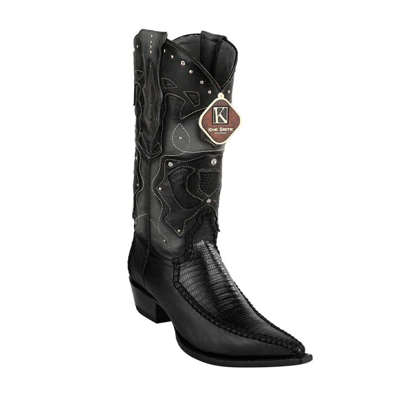 Men's King Exotic Boots Teju Lizard 3x Toe Black Handcrafted Boots