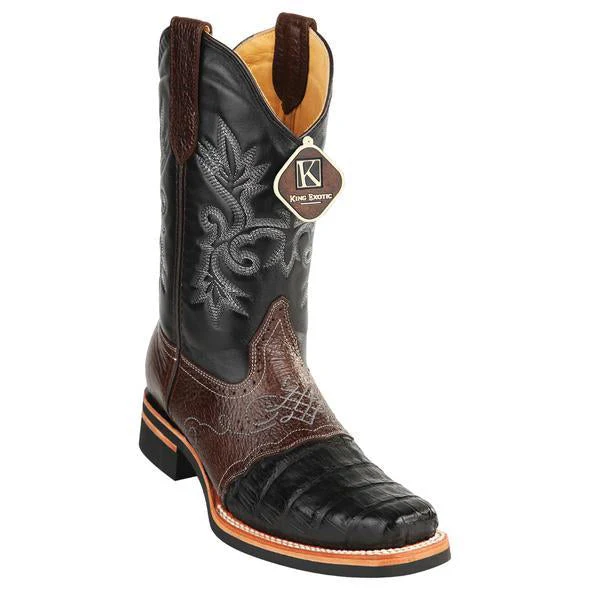 King Exotic Caiman Square Toe Boots—Rubber Sole & Saddle Vamp Black