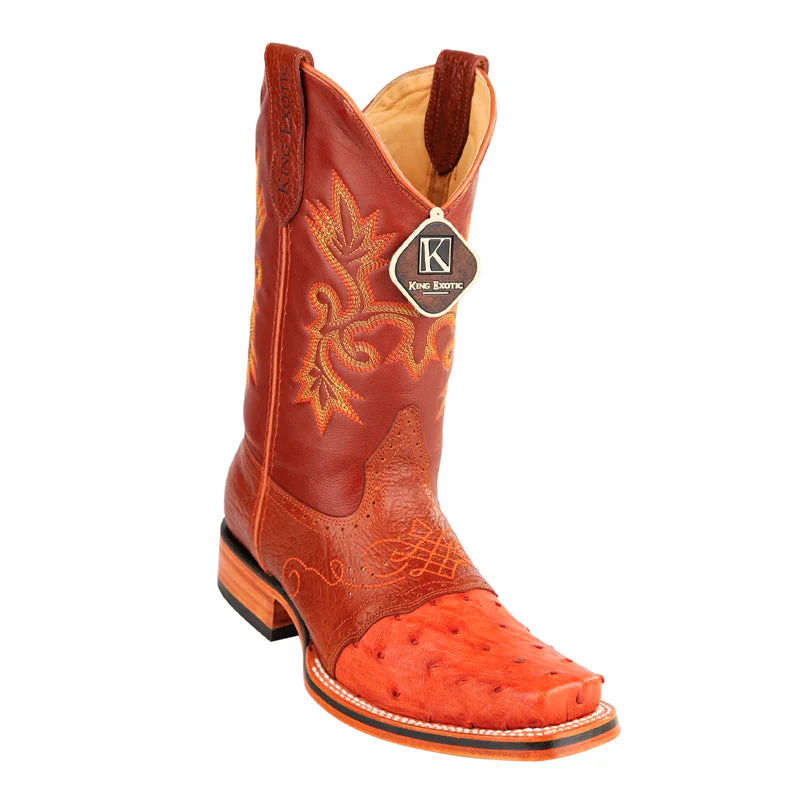 Men's King Exotic Ostrich Square Toe Boots With Saddle Handmade Cognac