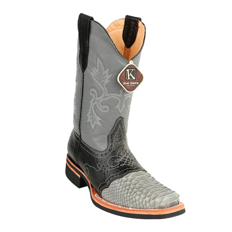 Men's King Exotic Python Boots Rubber Sole & Saddle Vamp Square Toe Gray