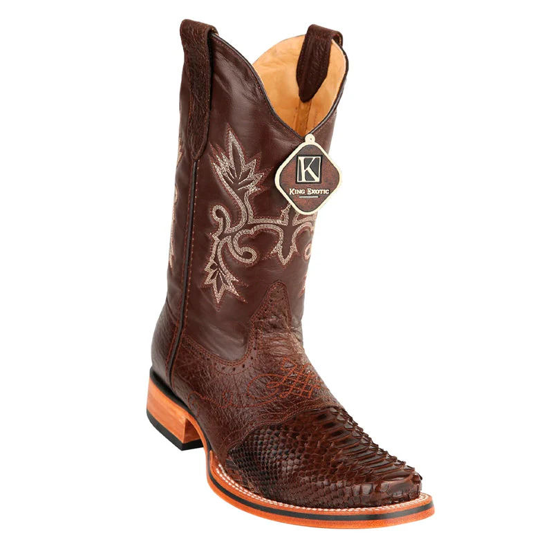 Men's King Exotic Python Boots With Saddle Vamp Handmade Square Toe Brown