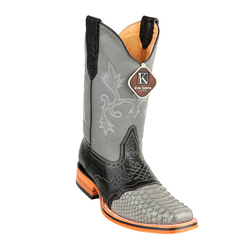 Men's King Exotic Python Boots With Saddle Vamp Handmade Square Toe Gray