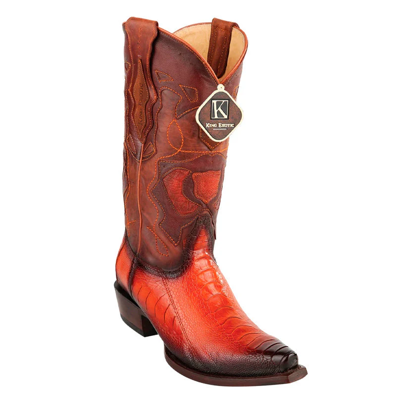 Men's King Exotic Snip Toe Ostrich Leg Boots Handcrafted Burnished Cognac