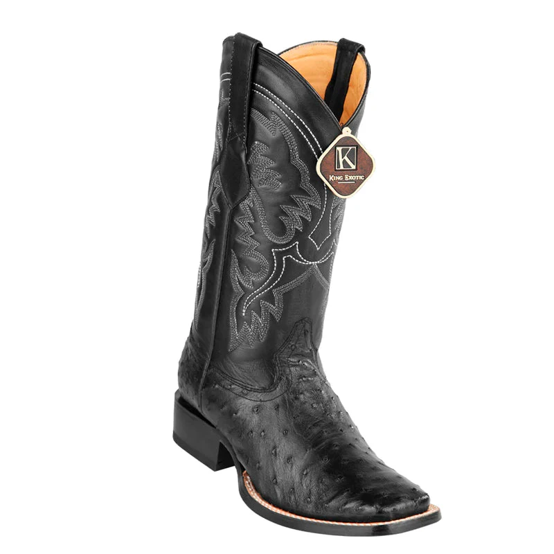 Men's King Exotic Square Toe Full Quill Ostrich Boots Handmade Black