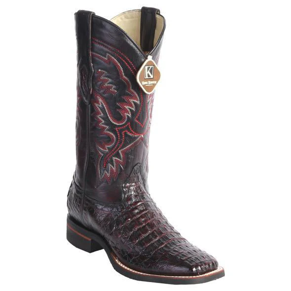Men's King Exotic Square Toe Smooth Caiman Boots Rubber Sole Black Cherry