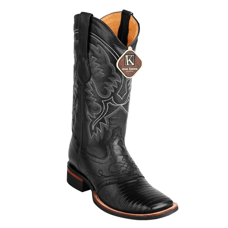 Men's King Exotic Teju Lizard Square Toe Boots With Saddle Handmade Black