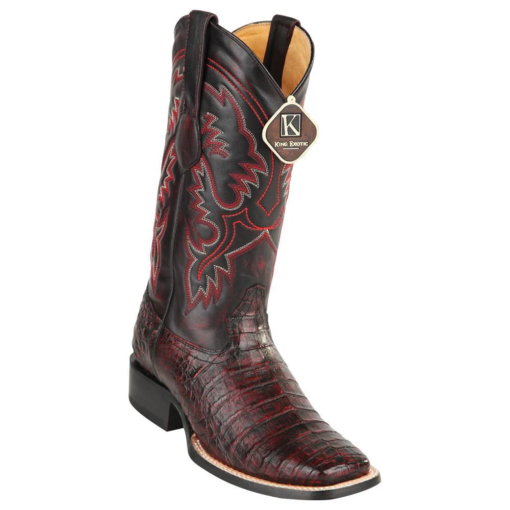 King Exotic Wide Square Toe Caiman Belly Boots | Handcrafted Black Cherry