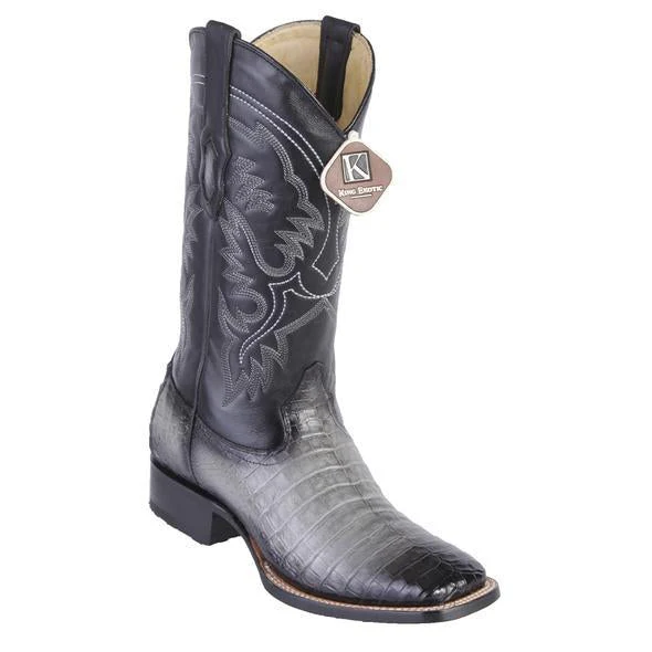 Men's King Exotic Wide Square Toe Caiman Belly Boots Handcrafted Burnished Gray
