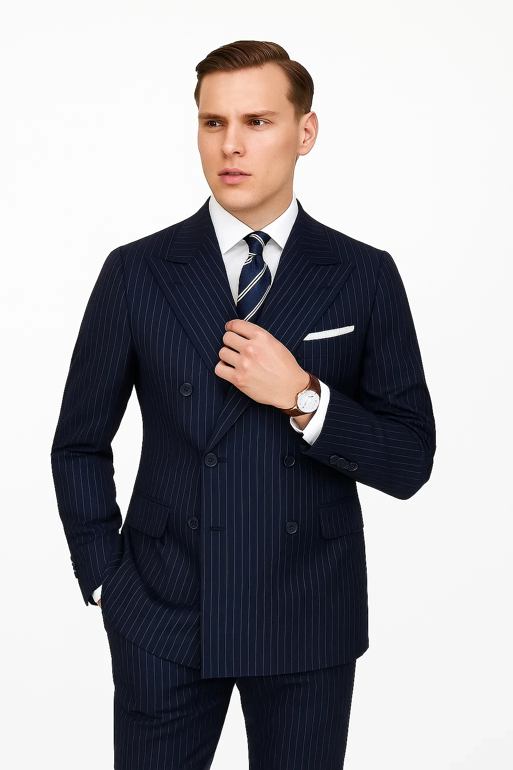 Mens Kingsman Double Breasted Navy Pinstripe Suit - Image 3