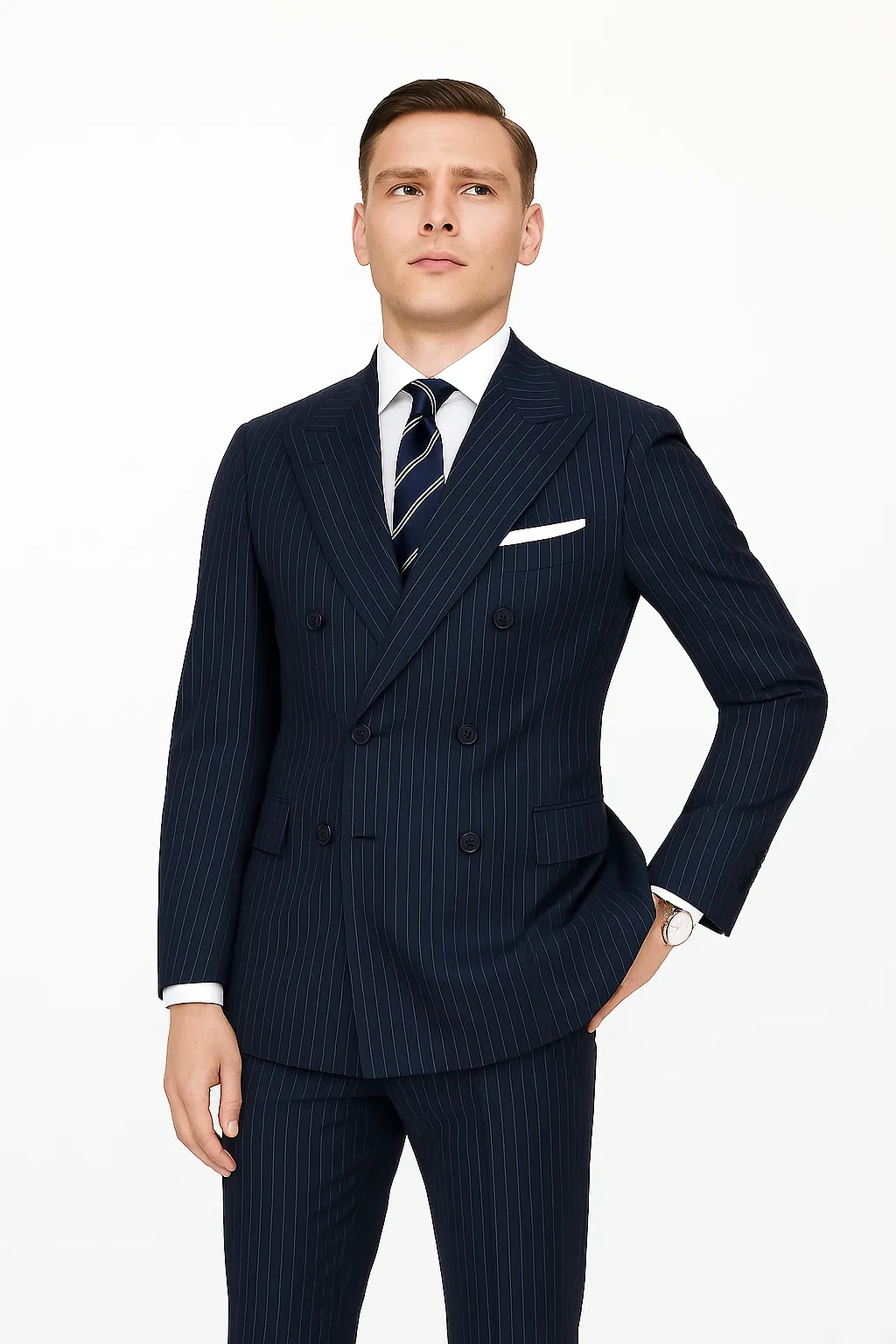 Mens Kingsman Double Breasted Navy Pinstripe Suit - Image 5