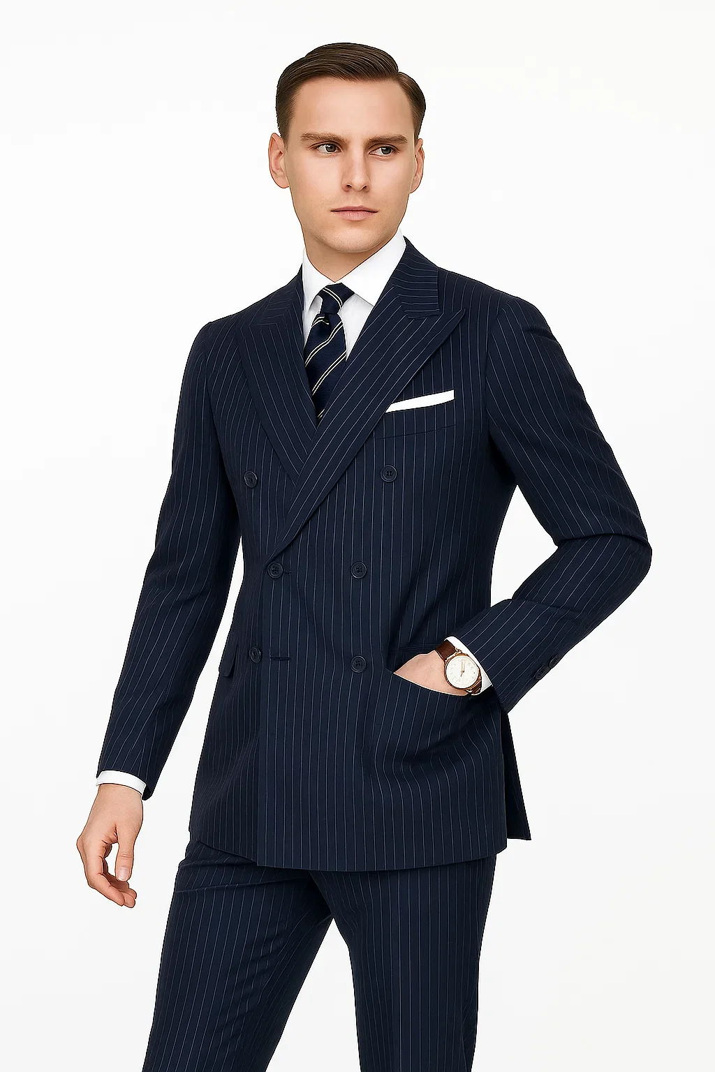 Mens Kingsman Double Breasted Navy Pinstripe Suit - Image 6