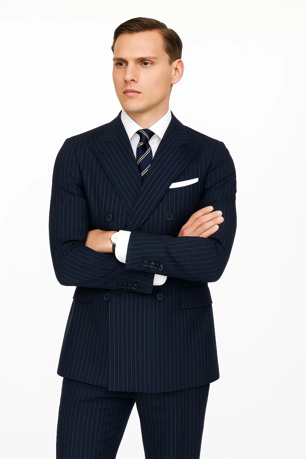 Mens Kingsman Double Breasted Navy Pinstripe Suit - Image 7