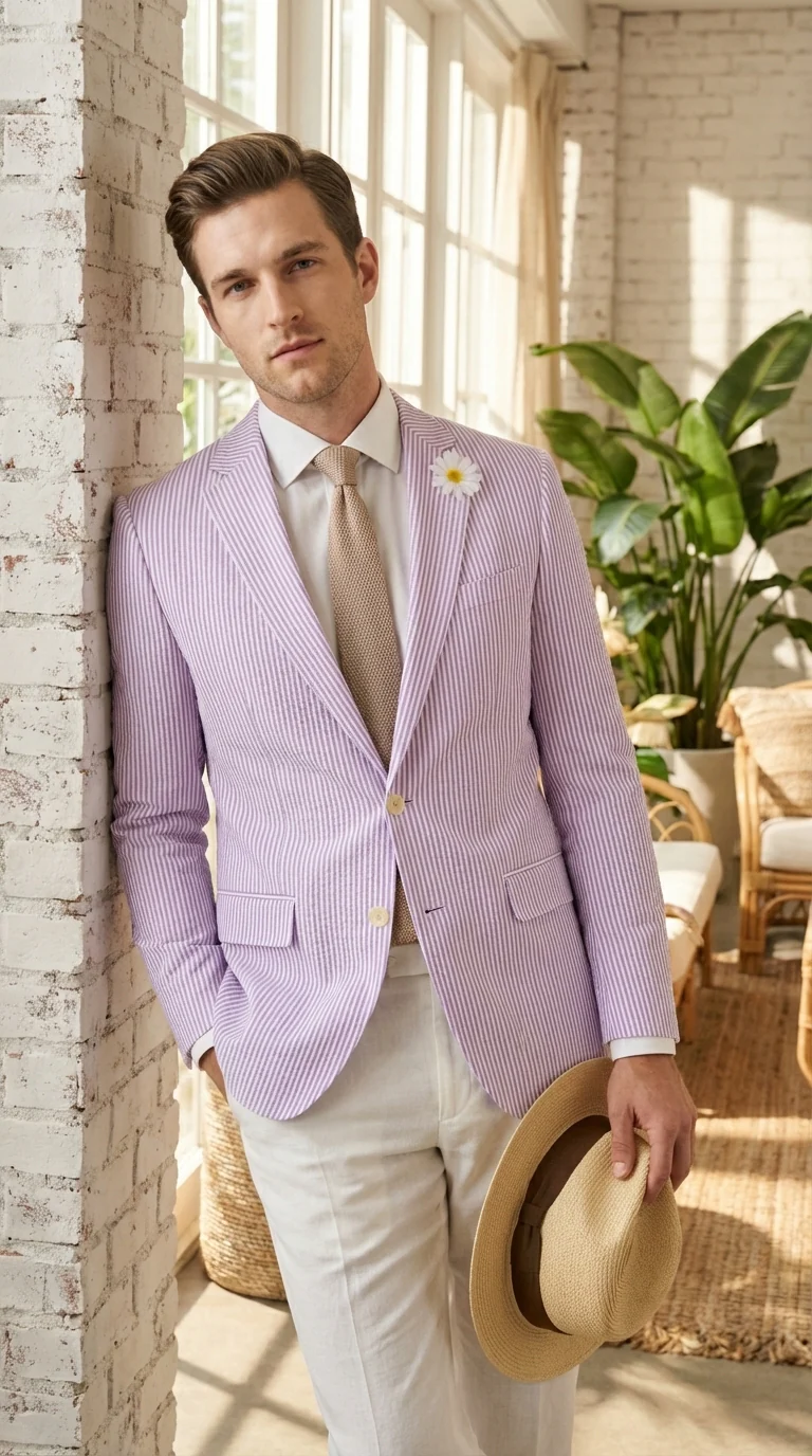Mens Lavender Seersucker Blazer β Lightweight Striped Summer Sport Coat Casual Smart Formal Jacket - Image 10