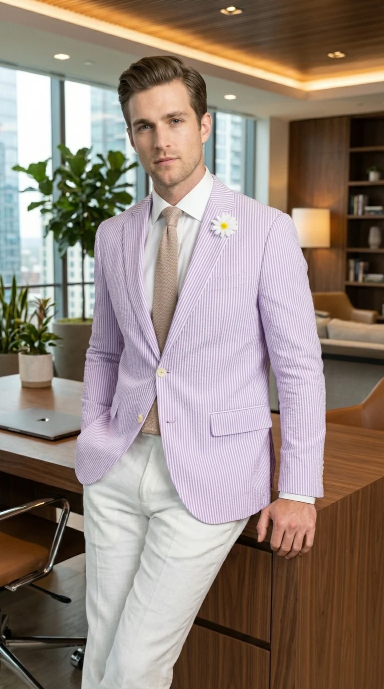 Mens Lavender Seersucker Blazer β Lightweight Striped Summer Sport Coat Casual Smart Formal Jacket - Image 12