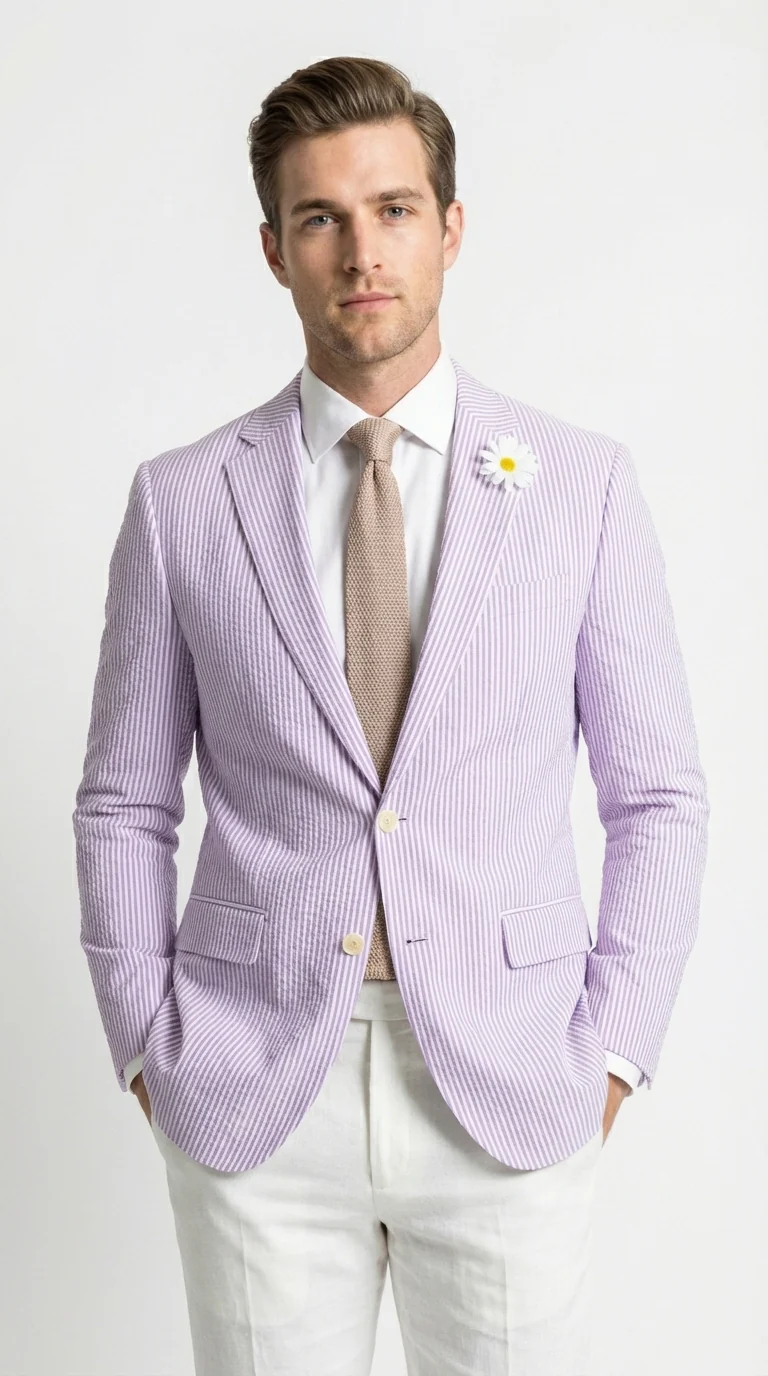 Mens Lavender Seersucker Blazer β Lightweight Striped Summer Sport Coat Casual Smart Formal Jacket - Image 3