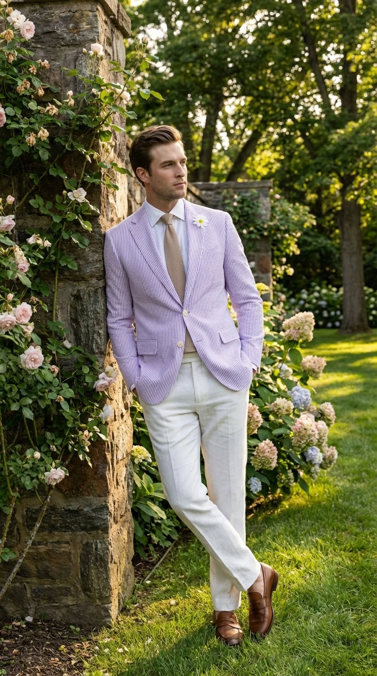 Mens Lavender Seersucker Blazer β Lightweight Striped Summer Sport Coat Casual Smart Formal Jacket - Image 4