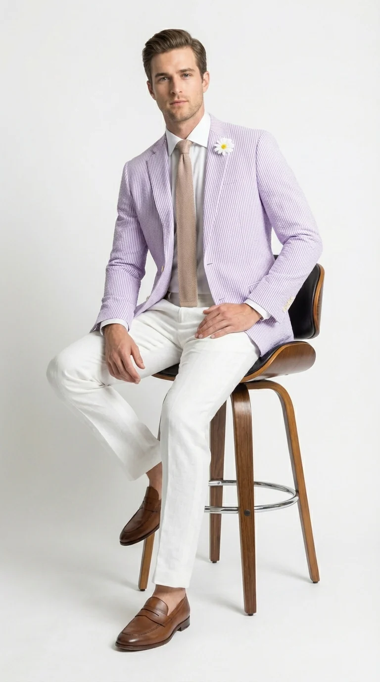 Mens Lavender Seersucker Blazer β Lightweight Striped Summer Sport Coat Casual Smart Formal Jacket - Image 5